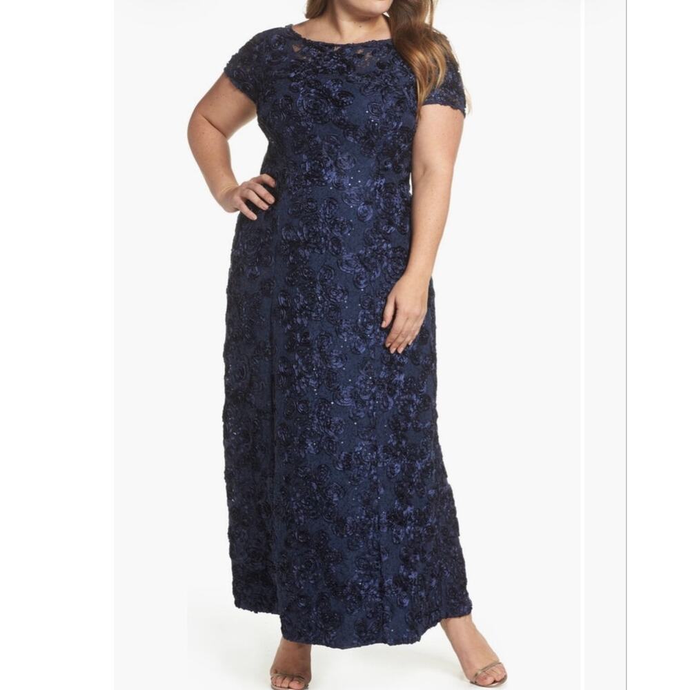 Alex Evenings Rosette short sleeve sequin navy A Line gown dress 16P